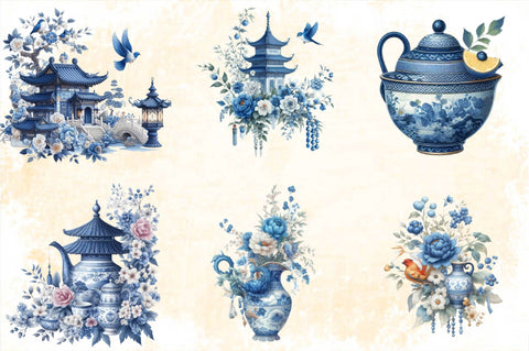 Blue Chinoiserie Summer Sublimation Set Sublimation Clipart Bundle Sublimation SVGArt 