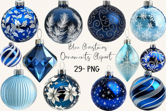 Blue Christmas Ornaments Clipart Bundle. Sublimation SVGArt 