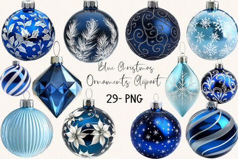 Blue Christmas Ornaments Clipart Bundle. Sublimation SVGArt 