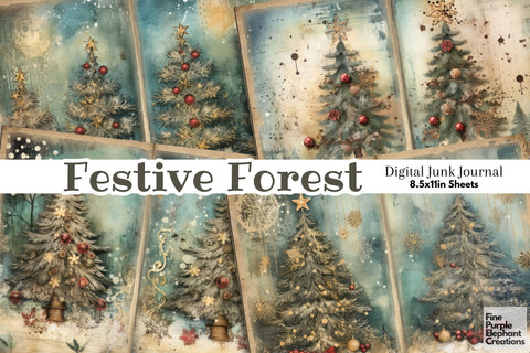 Blue Christmas Tree | Junk Journal Pages Digital Pattern Fine Purple Elephant Creations 