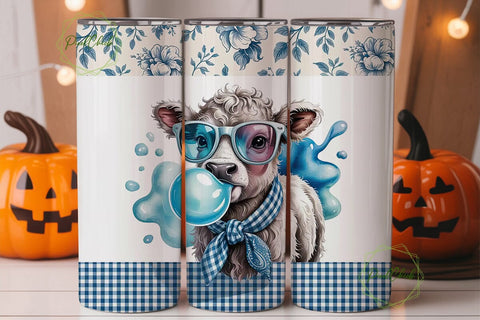 Blue Cow with Bubble Gum Tumbler Wrap Sublimation PixelChick 