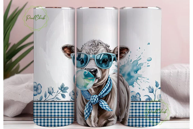 Blue Cow with Bubble Gum Tumbler Wrap Sublimation PixelChick 