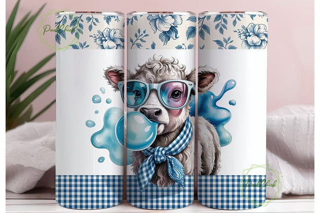 Blue Cow with Bubble Gum Tumbler Wrap Sublimation PixelChick 