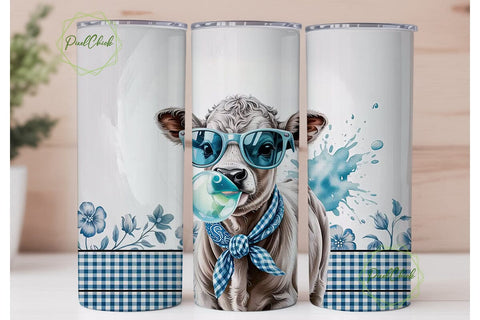 Blue Cow with Bubble Gum Tumbler Wrap Sublimation PixelChick 
