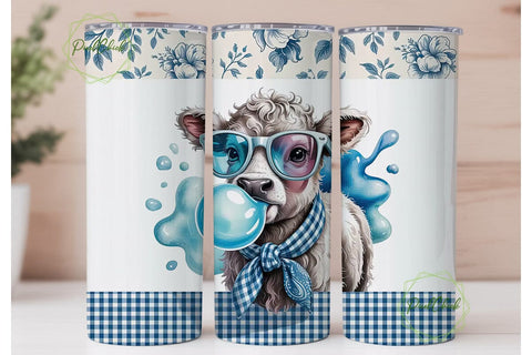 Blue Cow with Bubble Gum Tumbler Wrap Sublimation PixelChick 