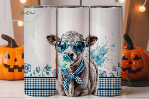 Blue Cow with Bubble Gum Tumbler Wrap Sublimation PixelChick 