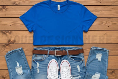 Blue crop t-shirt with distressed denim shorts and white sneakers Mock Up Photo Regulrcrative 