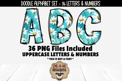 Blue Daisy Doodle Alphabet Numbers | White Daisy PNG Letters Sublimation Ewe-N-Me Designs 