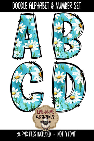 Blue Daisy Doodle Alphabet Numbers | White Daisy PNG Letters Sublimation Ewe-N-Me Designs 