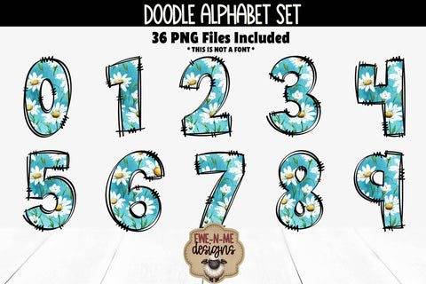 Blue Daisy Doodle Alphabet Numbers | White Daisy PNG Letters Sublimation Ewe-N-Me Designs 