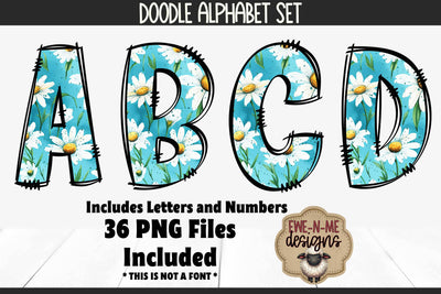 Blue Daisy Doodle Alphabet Numbers | White Daisy PNG Letters Sublimation Ewe-N-Me Designs 