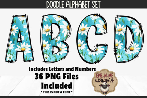 Blue Daisy Doodle Alphabet Numbers | White Daisy PNG Letters Sublimation Ewe-N-Me Designs 