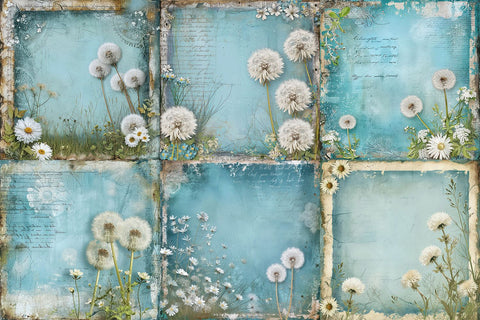 Blue Dandelion Digital Papers, Distressed Vintage Background Digital Pattern BijouBay 