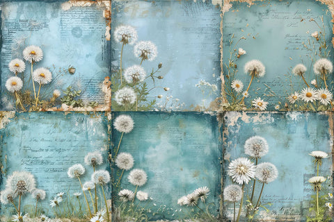 Blue Dandelion Digital Papers, Distressed Vintage Background Digital Pattern BijouBay 