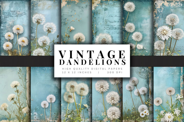Blue Dandelion Digital Papers, Distressed Vintage Background Digital Pattern BijouBay 