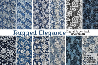 Blue Denim Lace Jean Digital Paper - Textured White Black Cowboy Digital Pattern Fine Purple Elephant Creations 