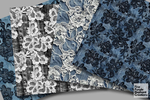 Blue Denim Lace Jean Digital Paper - Textured White Black Cowboy Digital Pattern Fine Purple Elephant Creations 