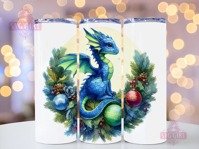 Blue Dragon 20oz Skinny Tumbler, Cute Blue Dragon Christmas Design Tumbler Wrap Template 20oz Skinny Tumbler, Tapered Tumbler Wrap PNG. Christmas Gift Sublimation SvggirlplusArt 