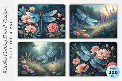 Blue Dragonfly in a Wildflower Garden Cutting Board PNG Design Sublimation Regulrcrative 