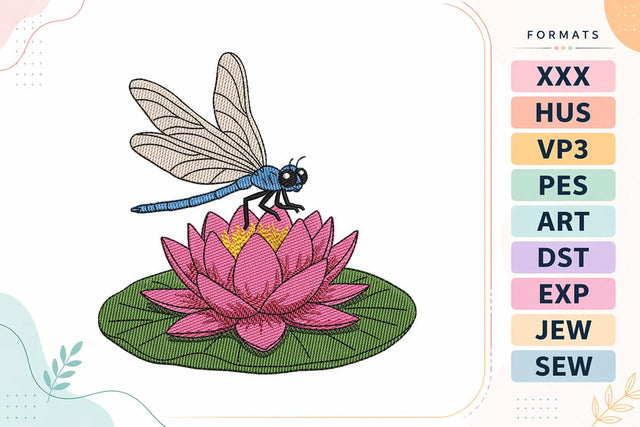 Blue Dragonfly on Pink Water Lily Embroidery Design Embroidery/Applique DESIGNS sg embroidery 