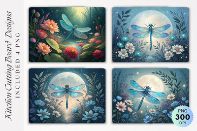 Blue Dragonfly with Floral Bouquet Night Background Cutting Board PNG Design Sublimation Regulrcrative 