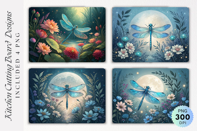 Blue Dragonfly with Floral Bouquet Night Background Cutting Board PNG Design Sublimation Regulrcrative 