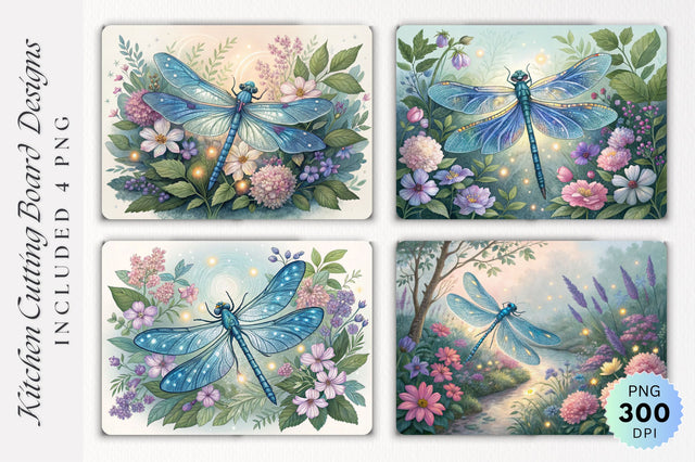 Blue Dragonfly with Glowing Wings and Pastel Blooms Cutting Board PNG Design Sublimation Regulrcrative 