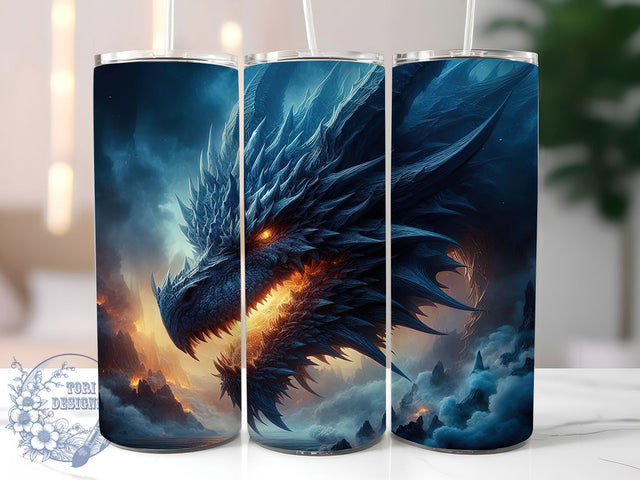 Blue Fire Dragon Tumbler, Breathing Fire, Fantasy Theme, Mystical Art, Bold Design, 20Oz Tumbler, Sublimation Wrap Sublimation ToriDesigns 
