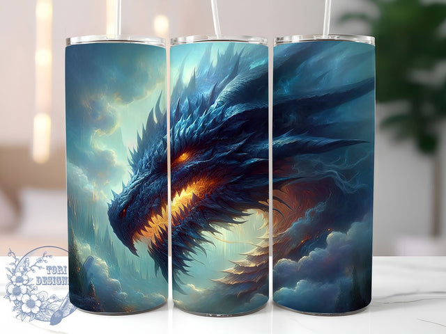 Blue Fire Dragon Tumbler, Breathing Fire, Fantasy Theme, Mystical Art, Bold Design, 20Oz Tumbler, Sublimation Wrap Sublimation ToriDesigns 