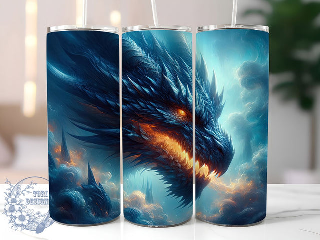 Blue Fire Dragon Tumbler, Breathing Fire, Fantasy Theme, Mystical Art, Bold Design, 20Oz Tumbler, Sublimation Wrap Sublimation ToriDesigns 