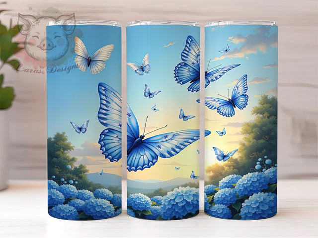 Blue Floral Butterfly 20oz Tumbler, Blue Floral Design, 20oz Sublimation, Nature Lover Gift, Custom Tumbler Wrap, Floral Drinkware, Colorful Butterfly Decor Sublimation Lara' s Designs 