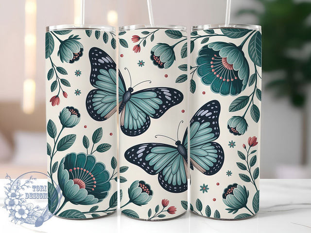 Blue Floral Butterfly 20oz Tumbler, Butterfly Floral Cup Wrap, Elegant Flower Design, Sublimation Tumbler Wrap, 20Oz Tumbler Design, Artistic Butterfly Cup, Nature Inspired Floral Wrap Sublimation ToriDesigns 