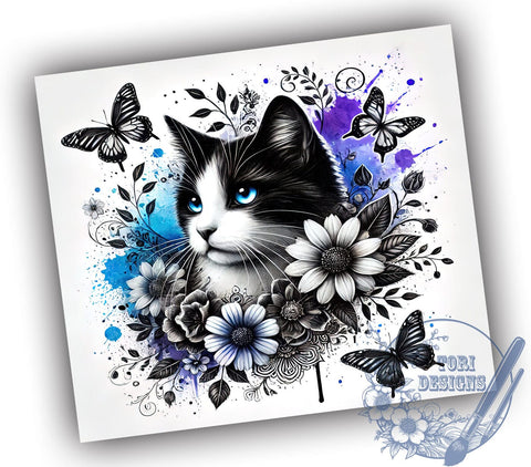 Blue Floral Cat Nature Butterfly Tumbler, Butterfly Design, 20oz Tumbler Wrap, Cat Lover Gift, Floral Sublimation, Cute Cat Art Sublimation ToriDesigns 