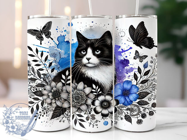 Blue Floral Cat Nature Butterfly Tumbler, Butterfly Design, 20oz Tumbler Wrap, Cat Lover Gift, Floral Sublimation, Cute Cat Art Sublimation ToriDesigns 