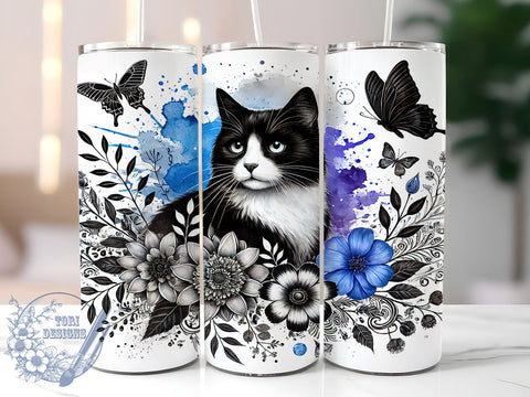 Blue Floral Cat Nature Butterfly Tumbler, Butterfly Design, 20oz Tumbler Wrap, Cat Lover Gift, Floral Sublimation, Cute Cat Art Sublimation ToriDesigns 