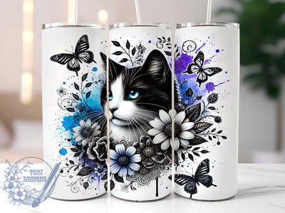 Blue Floral Cat Nature Butterfly Tumbler, Butterfly Design, 20oz Tumbler Wrap, Cat Lover Gift, Floral Sublimation, Cute Cat Art Sublimation ToriDesigns 