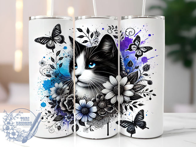 Blue Floral Cat Nature Butterfly Tumbler, Butterfly Design, 20oz Tumbler Wrap, Cat Lover Gift, Floral Sublimation, Cute Cat Art Sublimation ToriDesigns 