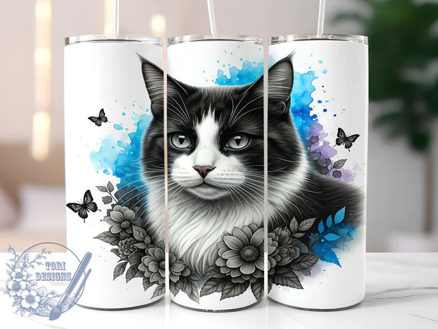 Blue Floral Cat Nature Butterfly Tumbler, Butterfly Design, 20oz Tumbler Wrap, Cat Lover Gift, Floral Sublimation, Cute Cat Art Sublimation ToriDesigns 
