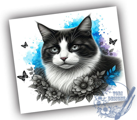 Blue Floral Cat Nature Butterfly Tumbler, Butterfly Design, 20oz Tumbler Wrap, Cat Lover Gift, Floral Sublimation, Cute Cat Art Sublimation ToriDesigns 