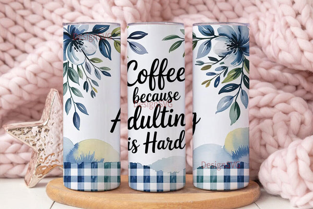 Blue Floral Coffee Tumbler Wrap Sublimation DesignSVG 