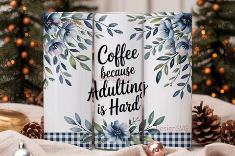 Blue Floral Coffee Tumbler Wrap Sublimation DesignSVG 