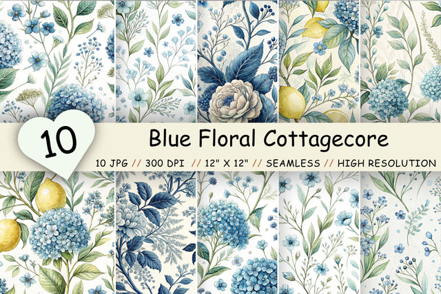Blue Floral Cottagecore Digital Paper, Seamless Watercolor Botanical Pattern Pack, Printable Scrapbook Paper, Vintage Hydrangea Design Bundle Digital Pattern FloridPrintables 