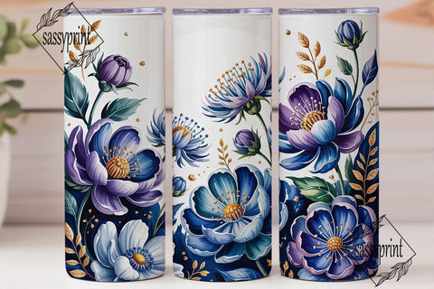 Blue Floral Watercolor 20oz Tumbler Wrap Sublimation sassyprint 