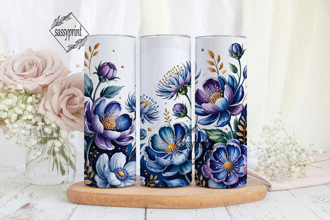 Blue Floral Watercolor 20oz Tumbler Wrap Sublimation sassyprint 