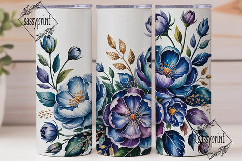 Blue Floral Watercolor 20oz Tumbler Wrap Sublimation sassyprint 