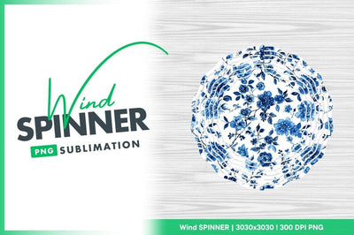Blue Floral Wind Spinner Round Png Design on White Wood Background Sublimation Regulrcrative 