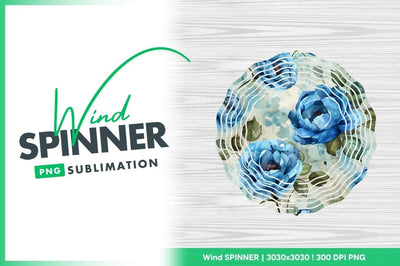 Blue Floral Wind Spinner Round Png Design on Wood Grain Background 2 Sublimation Regulrcrative 