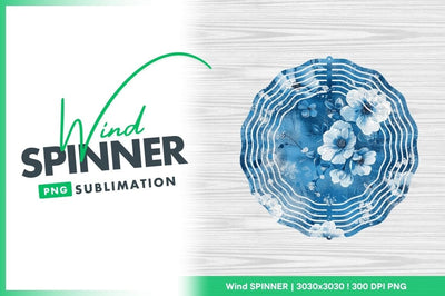 Blue Floral Wind Spinner Round Png Design on Wood Grain Background 3 Sublimation Regulrcrative 