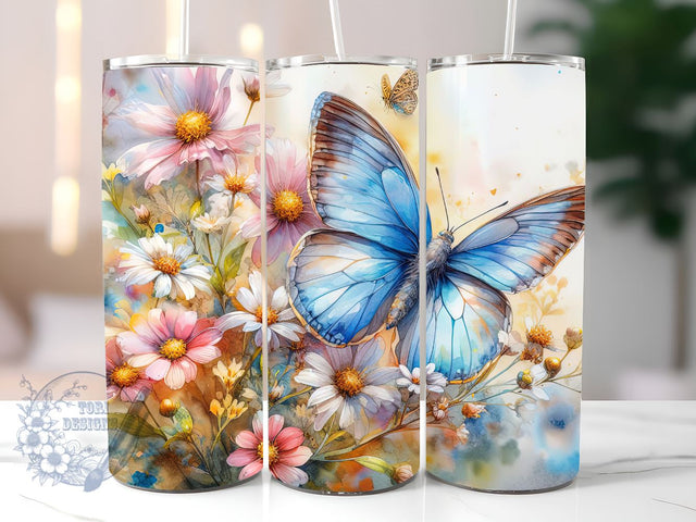 Blue Flower Butterfly 20oz Tumbler Wrap PNG, Butterfly Sublimation Design png, Seamless Butterfly Tumbler Png Sublimation ToriDesigns 