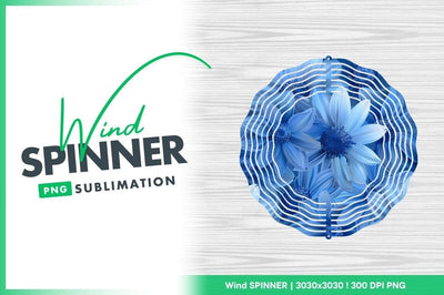 Blue Flower Wind Spinner Round Png Design on Wood Texture Background Sublimation Regulrcrative 